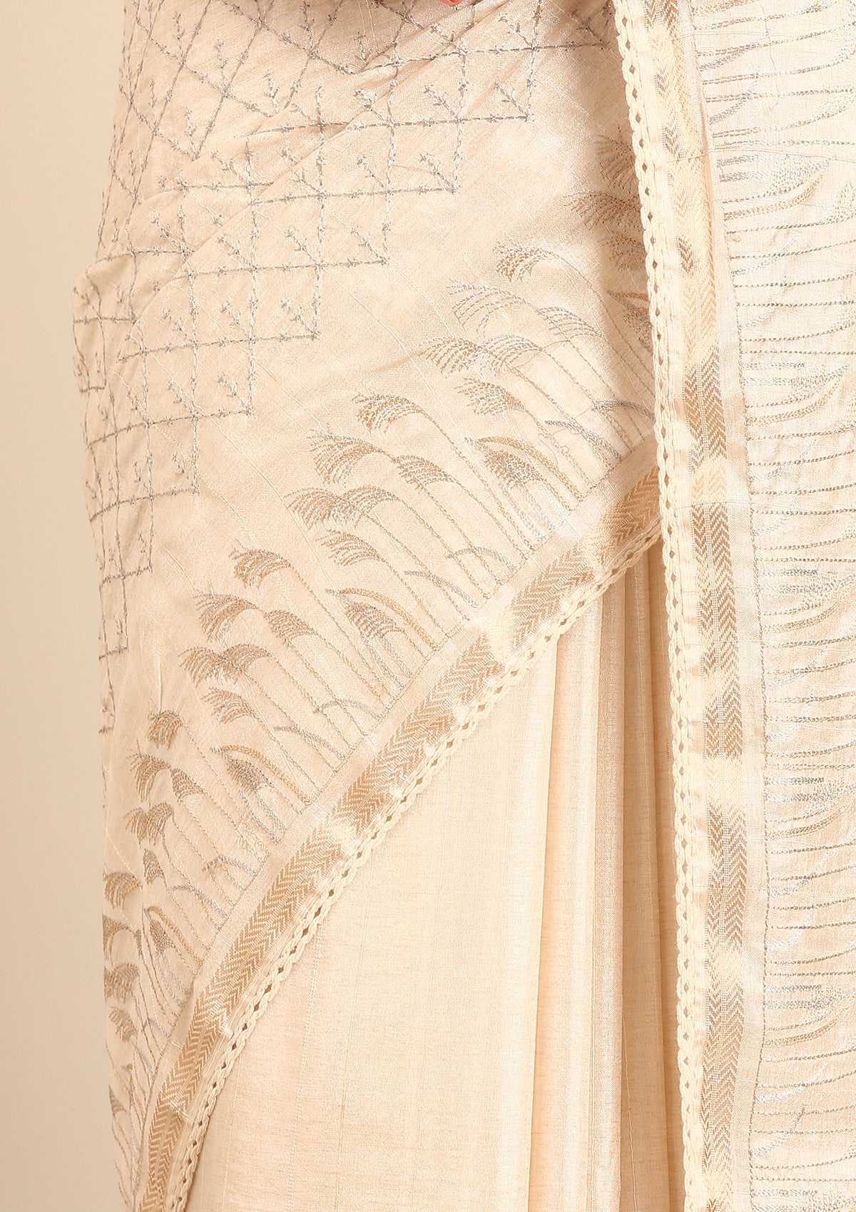 Cream Fancy Embroidery Tussar Saree - Taashi