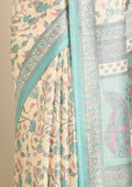 Cream And Teal Jaal Floral Printed Art Tussar Matka Silk Saree - Taashi