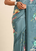 Dusty Powder Blue Floral Digital Printed Crepe Saree - Taashi