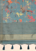 Dusty Blue Floral, Flamingo Printed And Zari Stripes Tussar Saree - Taashi