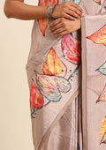 Dusty Brown Leaf Digital Printed Crepe Saree - Taashi