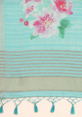Pastel Blue Floral Printed Zari Woven Tussar Saree - Taashi