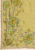 Olive Green Floral Embroiderd Linen Saree - Taashi