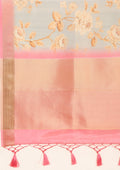 Blue And Pink Floral Printed Tissue Organza Saree - Taashi