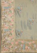 Metallic Dusty Green Nature InspiRed Embroiderd Tissue Saree - Taashi