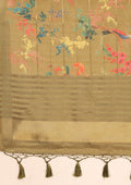 Dusty Olive Green Floral, Flamingo Printed And Zari Stripes Tussar Saree - Taashi
