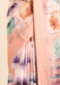 Pastel Peach Watercolor Floral Printed Georgette Saree - Taashi