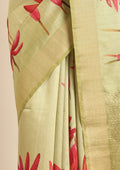 Olive Green Floral Printed Tussar Saree - Taashi