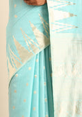Sky Blue Traditional Temple Pattern Tussar Saree - Taashi