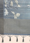 Dusty Blue Floral Printed Tussar Saree - Taashi