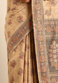 Beige Mughal Floral Woven Pattern Tussar Saree - Taashi