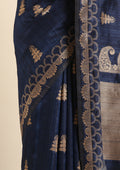 Navy Blue Zari Floral Butta Tussar Saree - Taashi