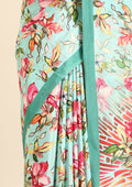 Turquoise Multicolor Watercolor Floral Printed Crepe Saree - Taashi