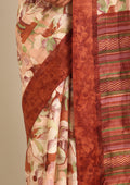 Brown Watercolor Floral Printed And Plaids Woven Linen Saree - Taashi