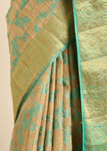 Beige And Turquoise Floral Woven Tussar Saree - Taashi