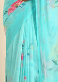 Sky Blue Multicolor Floral Printed Georgette Saree - Taashi