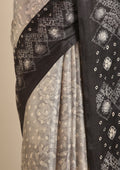 Grey Batik Printed Art Tussar Matka Silk Saree - Taashi