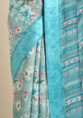 Sky Blue A/O Floral Printed Plaids Woven Line Saree - Taashi