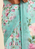 Sky Blue Floral Printed Georgette Saree - Taashi
