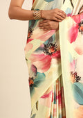 Pastel Green Watercolor Floral Digital Printed Satin Saree - Taashi