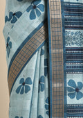 Powder Blue Hibiscus Printed Tussar Saree - Taashi