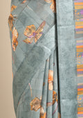 Powder Blue Watercolor Floral Printed And Plaids Woven Linen Saree - Taashi