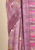 Purple Watercolor Floral Printed And Plaids Woven Linen Saree - Taashi