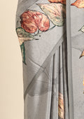 Grey Leaf Digital Printed Crepe Saree - Taashi
