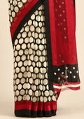 Black And Cream Polkadots Printed Chiffon Saree - Taashi