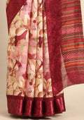 Maroon Watercolor Floral Printed And Plaids Woven Linen Saree - Taashi