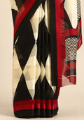Black And Cream Geometric Printed Chiffon Saree - Taashi