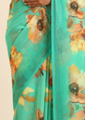Green Watercolor Floral Printed Georgette Saree - Taashi