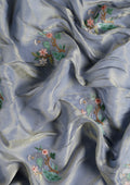 Metallic Dusty Blue Nature InspiRed Embroiderd Tissue Saree - Taashi