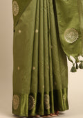 Olive Green Peacock Jacquard Pattern Tussar Saree - Taashi