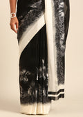 Black Abstract Floral Printed And Striped Chiffon Saree - Taashi