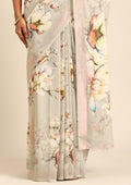 Pastel Sage Green Watercolor Floral Printed Georgette Saree - Taashi