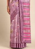 Purple Watercolor Floral Printed And Plaids Woven Linen Saree - Taashi