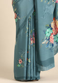Dusty Powder Blue Floral Digital Printed Crepe Saree - Taashi
