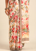Beige Multicolor Watercolor Floral Printed Crepe Saree - Taashi