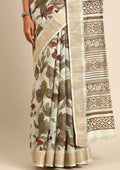 Sage Green Watercolor Floral Printed Tussar Saree - Taashi