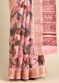 Pastel Pink Watercolor Floral Printed Tussar Saree - Taashi