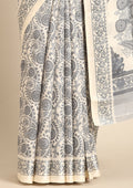 Cream And Grey Stylised A/O Paisley Pattern Linen Saree - Taashi