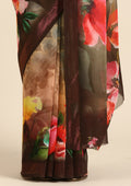 Chocolate Brown Multicolor Floral Digital Printed Georgette Saree - Taashi