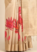 Beige Floral Printed Tussar Saree - Taashi