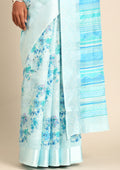 Blue Watercolor Floral Printed And Plaids Woven Linen Saree - Taashi