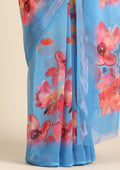 Dusty Blue Watercolor Floral Printed Georgette Saree - Taashi