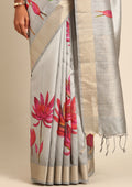 Grey Floral Printed Tussar Saree - Taashi