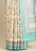 Cream And Teal Jaal Floral Printed Art Tussar Matka Silk Saree - Taashi