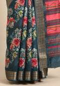 Teal Watercolor Floral Printed Tussar Saree - Taashi