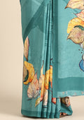 Pastel Blue Leaf Digital Printed Crepe Saree - Taashi
